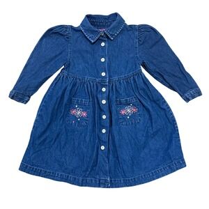 VTG Friends 3T Denim Dress Puff Sleeve Button Front Floral Embroidery